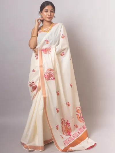 Kerala Kasavu Cotton Saree with Paisley Mango Butta Block Print